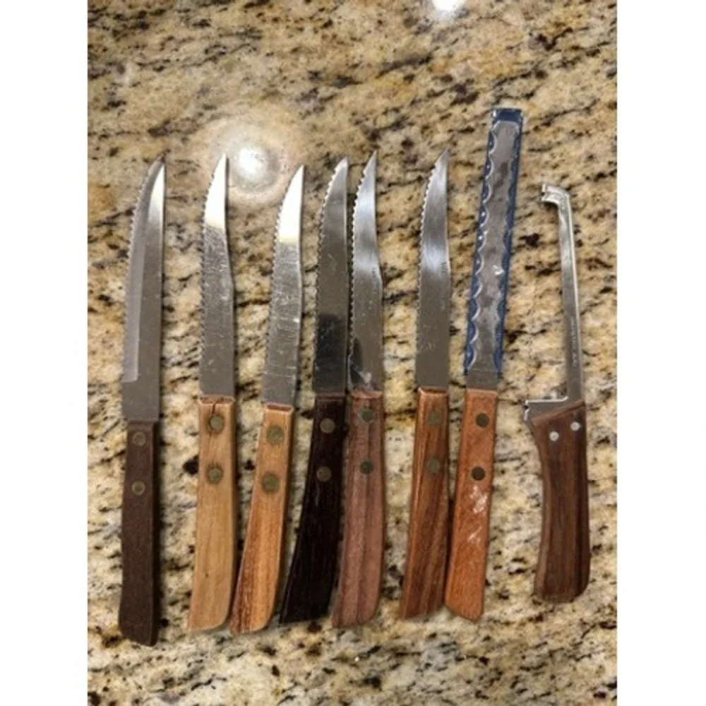8 pc Vintage Stainless Steel Steak, Cheese, Grapefruit Knives Wood Handles Japan